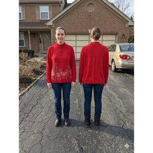 Coldwater Creek 1X Red Quarter Zip Sweater Embroidered Birch Trees Sequins Plus